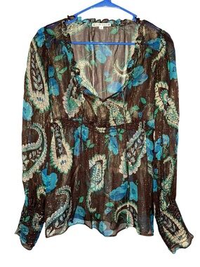 Nanette Lepore Metallic Floral Paisley Sheer Ruffle-Neck Blouse